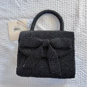 Black Beaded Mini Bow Top Handle Bag | Chain Strap | Evening Clutch | Rachel Zoe